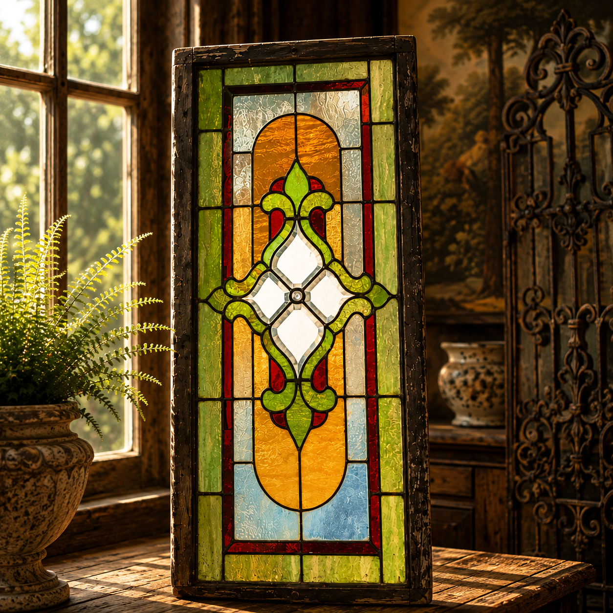 Antique Stained Glass Panel