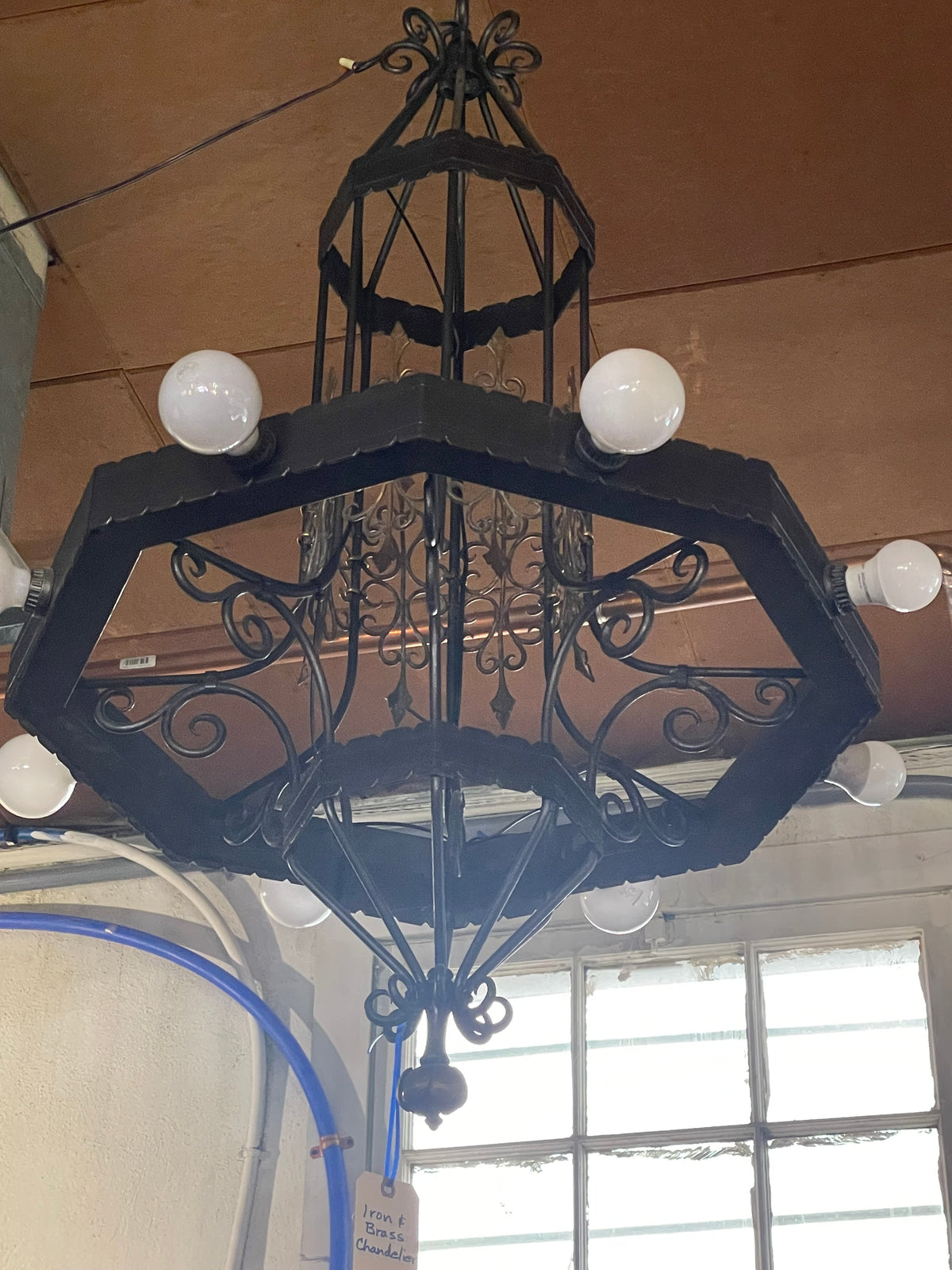 Large 8 light 1920's Iron & brass chandelier