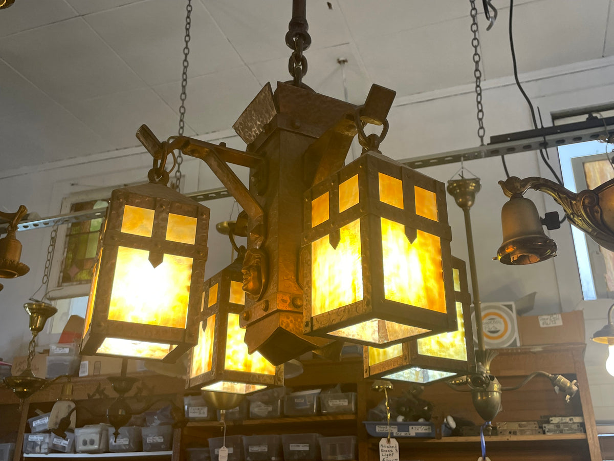Mission chandelier with stained panel shades