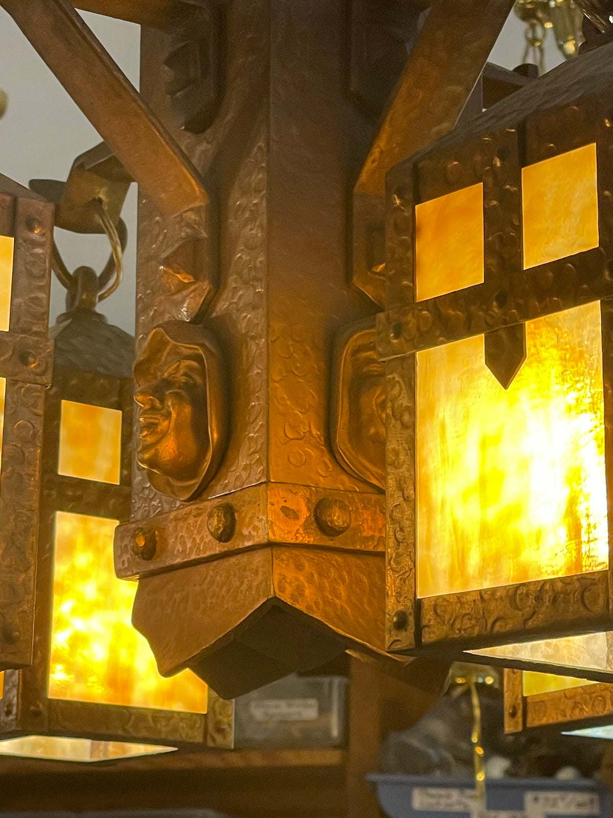 Mission chandelier with stained panel shades